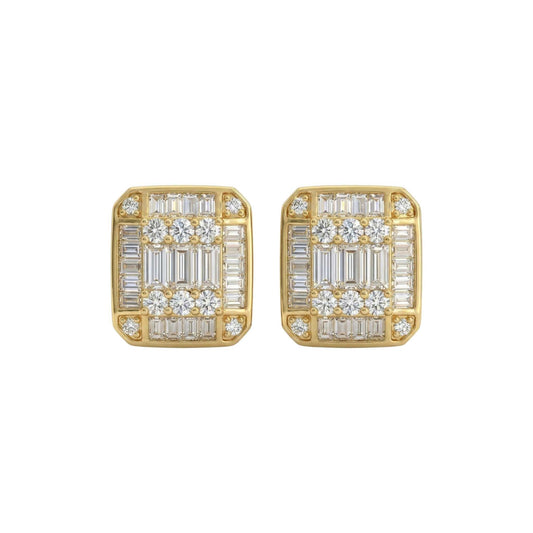 Baguette cut moissanite stud earrings in 18kt gold with halo of brilliant moissanite accents
