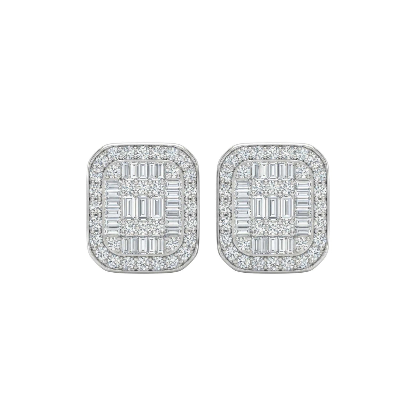 Pair of square-shaped earrings with diamond-like stones on a white background