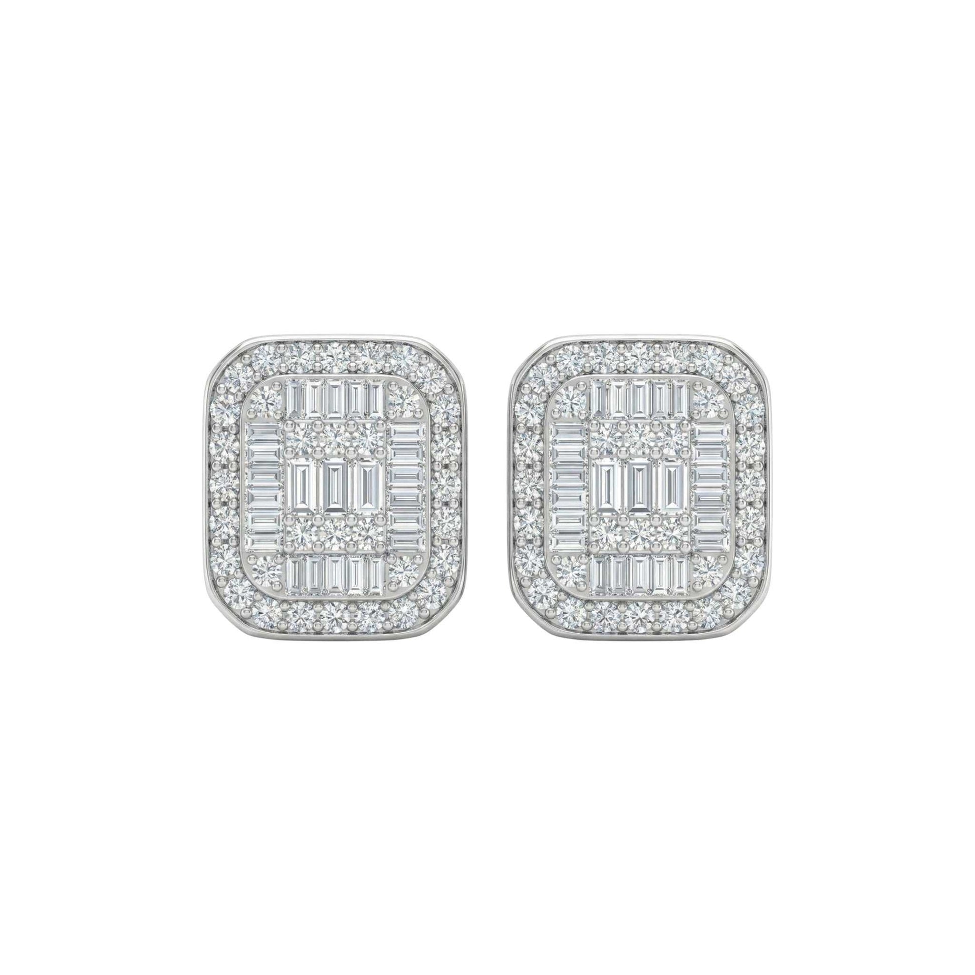 Pair of square-shaped earrings with diamond-like stones on a white background