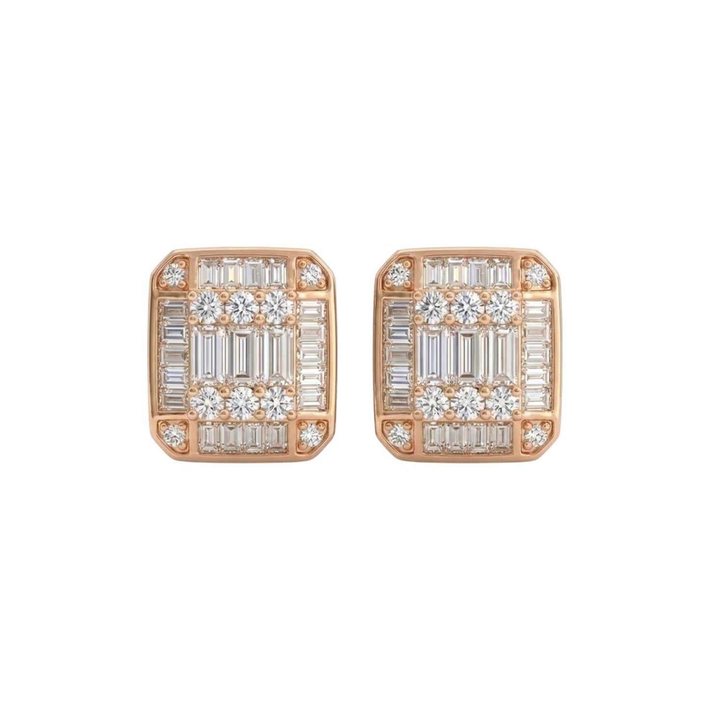 Pair of rose gold earrings with diamond accents on a white background