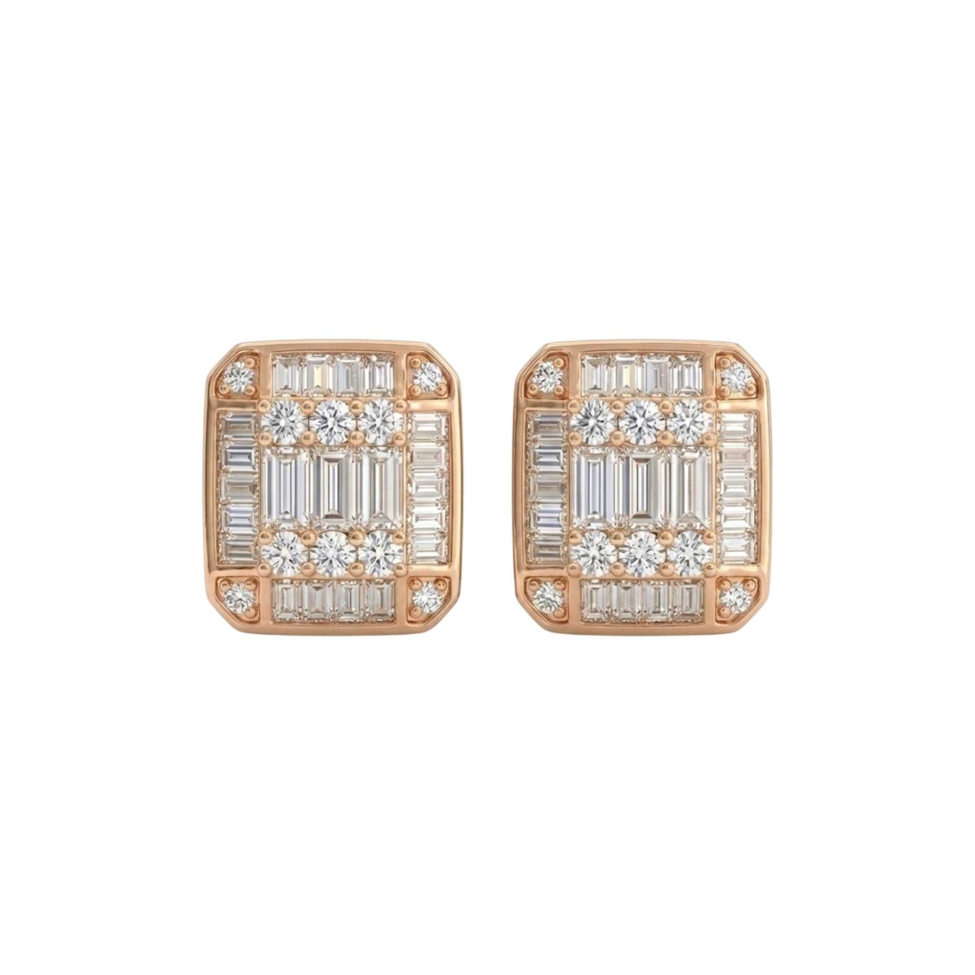 Pair of rose gold earrings with diamond accents on a white background