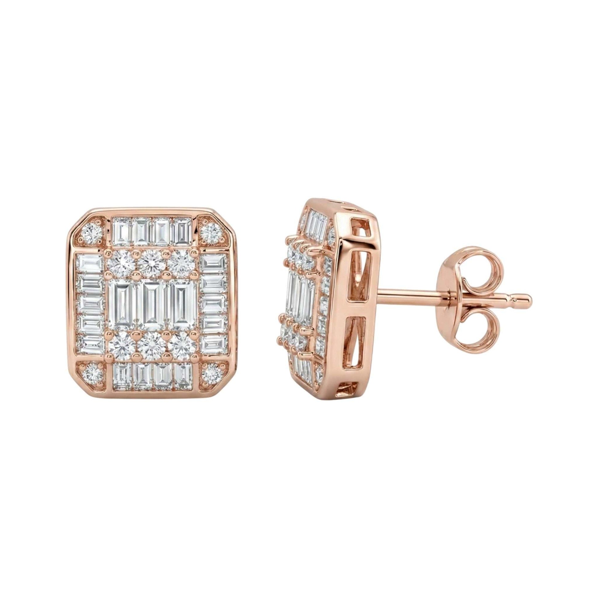 Rose gold earrings with diamond accents on a white background