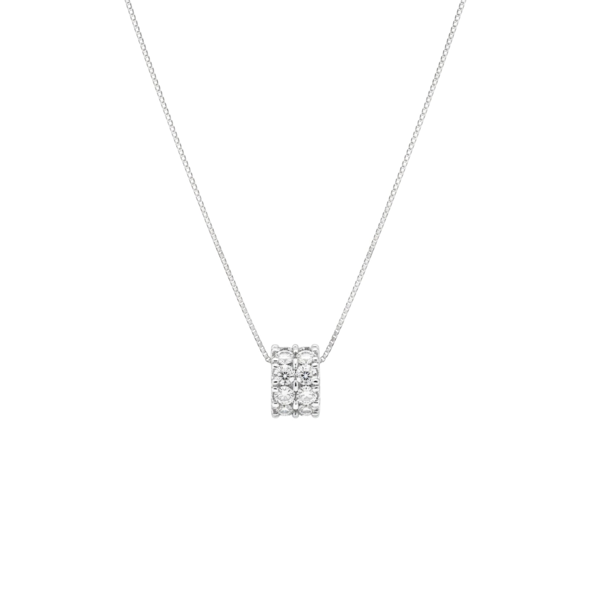 Silver necklace with a square pendant on a white background