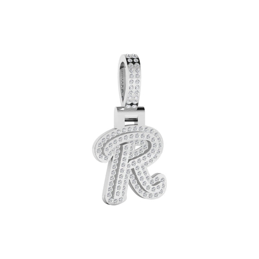 Silver pendant with letter 'R' on a white background