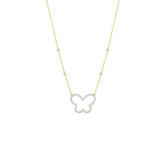 Butterfly-shaped pendant on a gold chain against a white background
