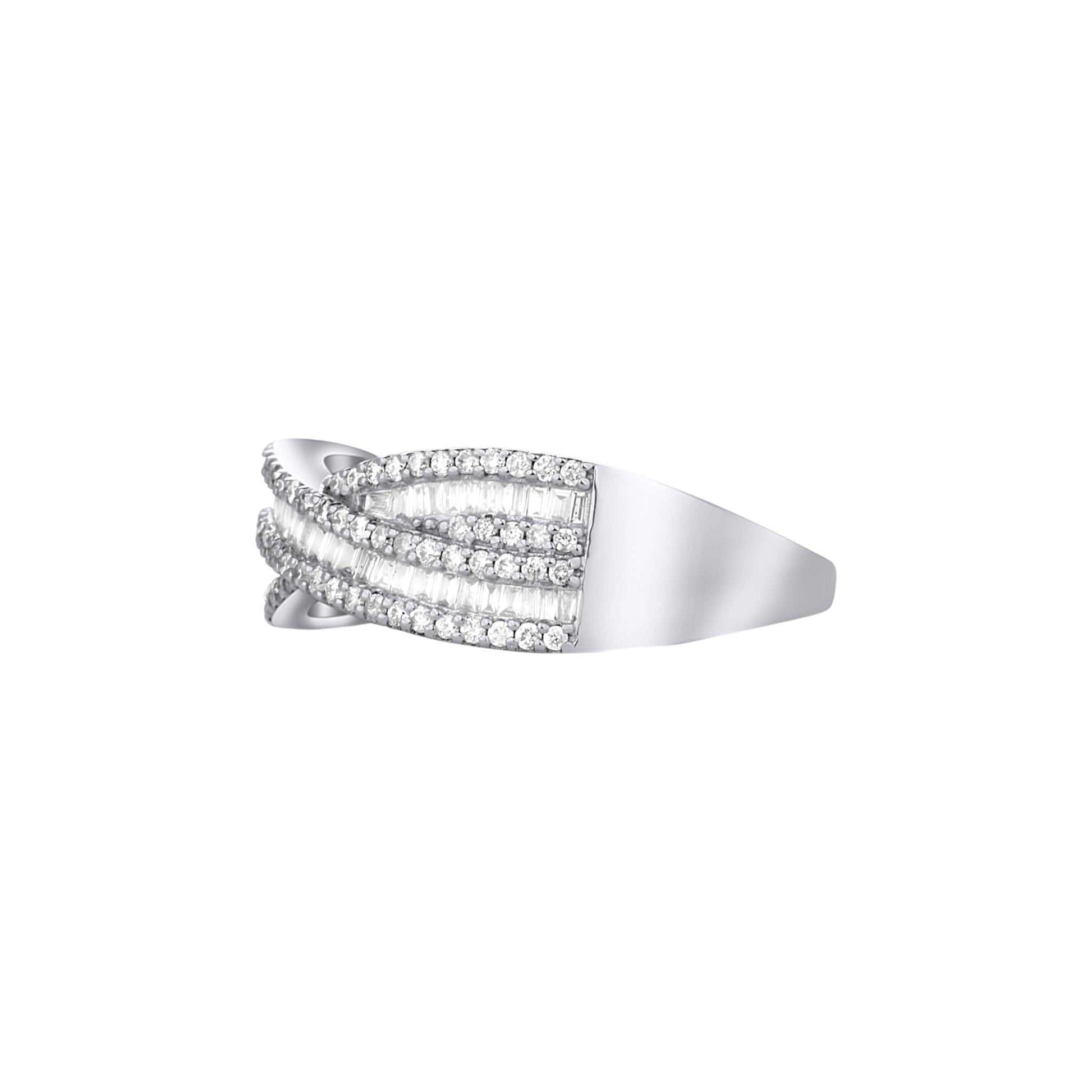 Silver ring with multiple bands and embedded stones on a white background