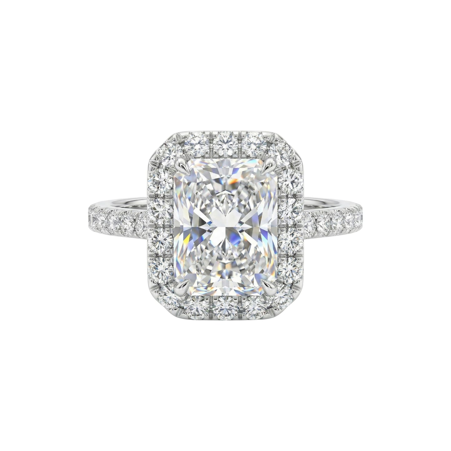 Diamond ring with a cushion-cut center stone on a white background