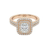 Classic Double Halo Moissanite engagement ring in 18KT gold with radiant-cut VVS1 D moissanite and pavé-set band