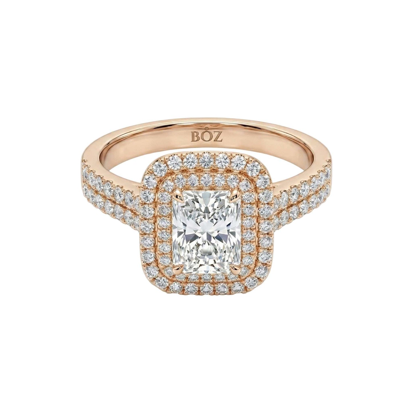 Classic Double Halo Moissanite engagement ring in 18KT gold with radiant-cut VVS1 D moissanite and pavé-set band
