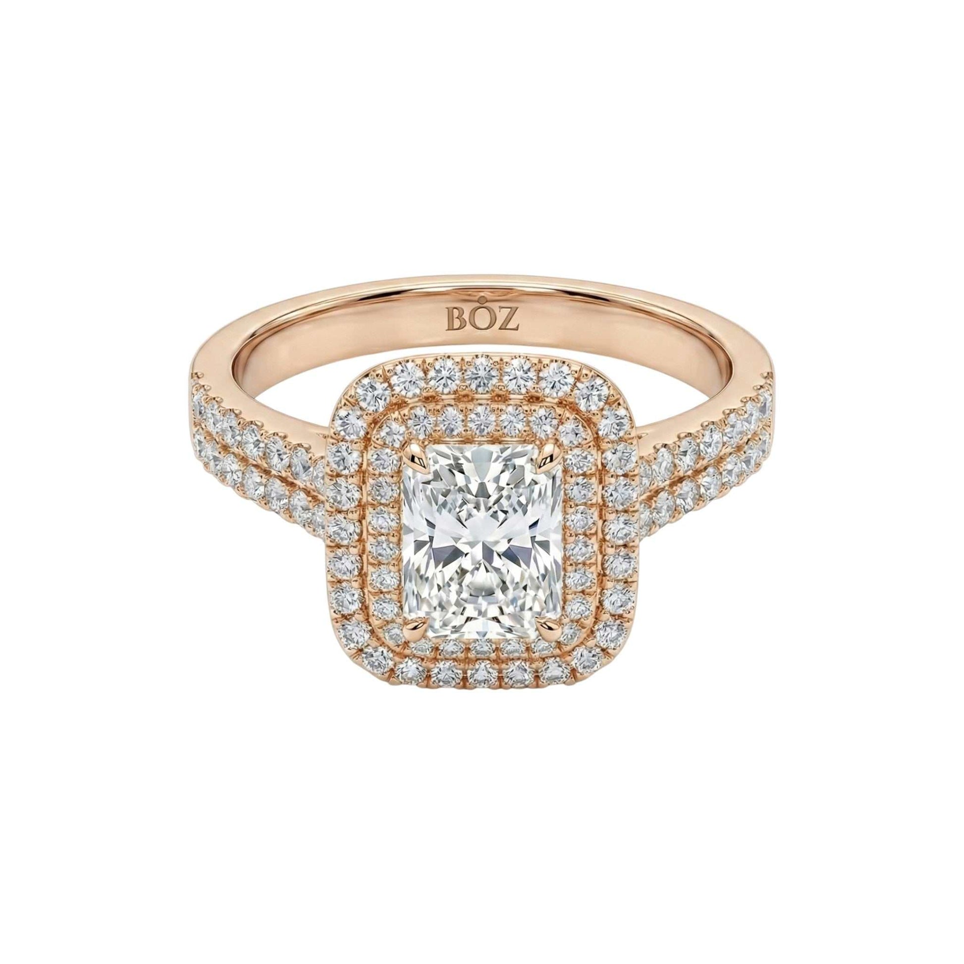 Classic Double Halo Moissanite engagement ring in 18KT gold with radiant-cut VVS1 D moissanite and pavé-set band