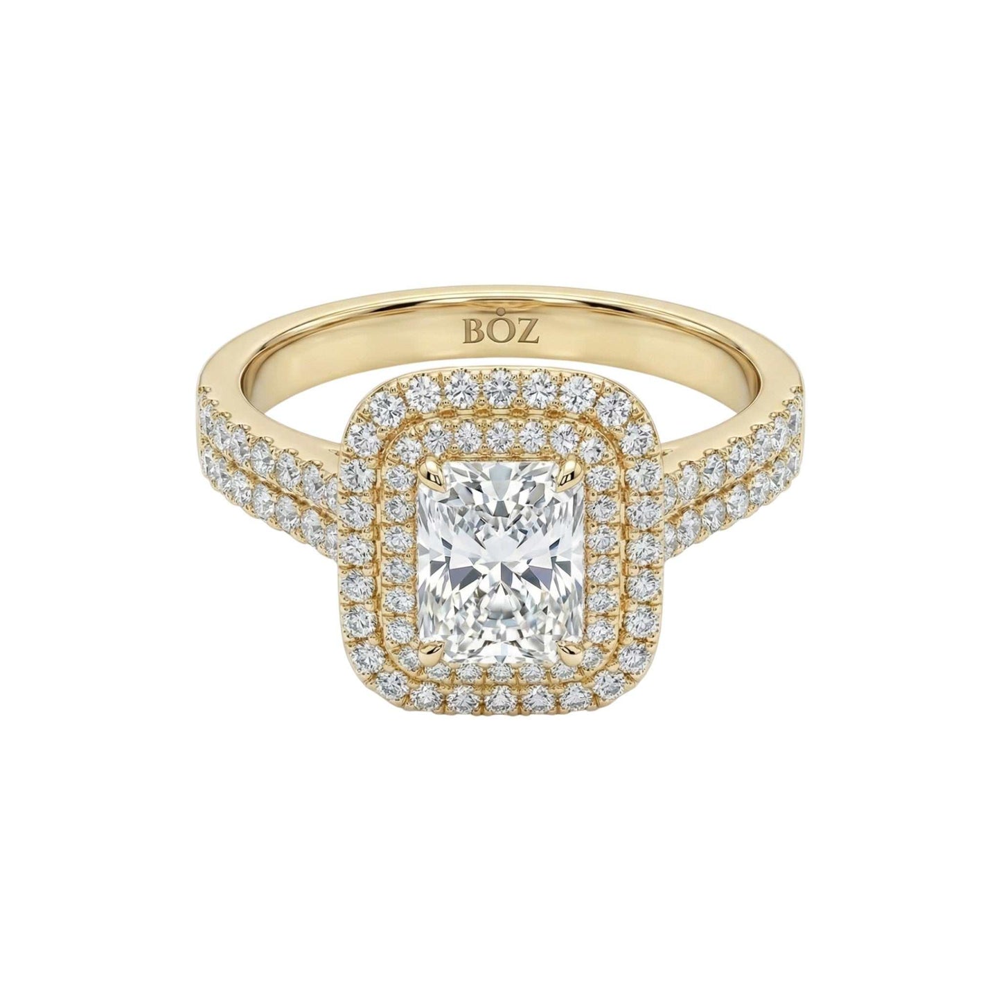Gold ring with a large diamond and smaller diamonds on a white background