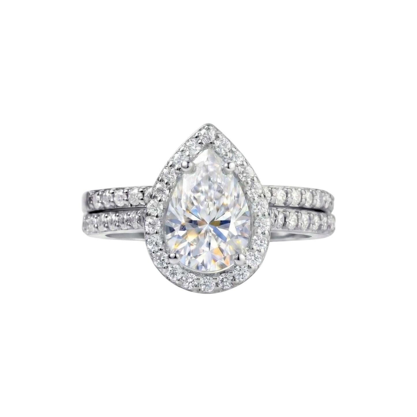 Classic Pear Cut CZ Bride Set sterling silver engagement ring with pear-shaped cubic zirconia centerpiece