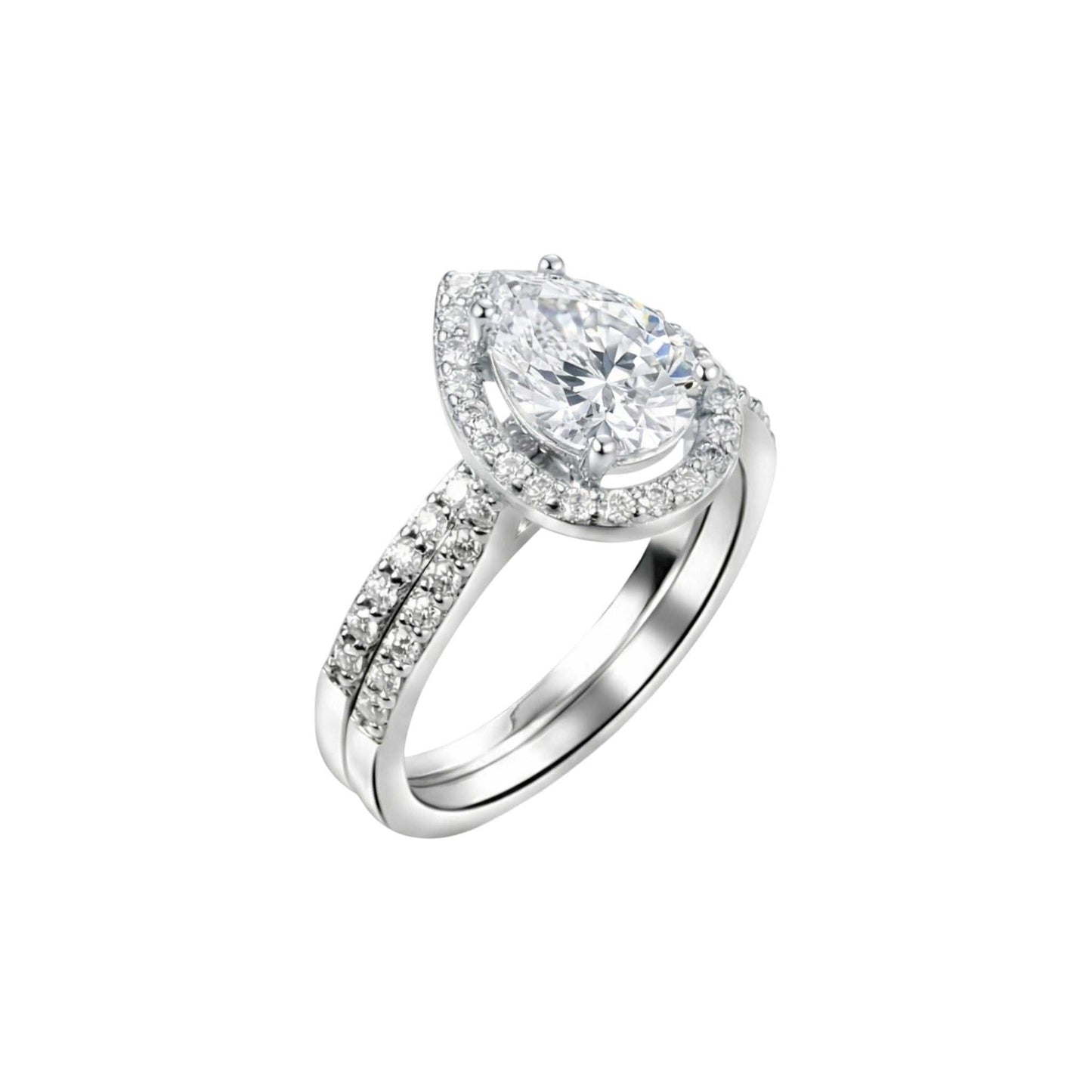 Diamond ring with a pear-shaped center stone on a white background
