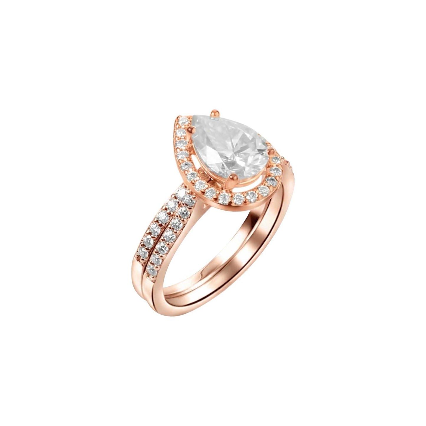 Rose gold ring with a large central gemstone and smaller stones on a white background