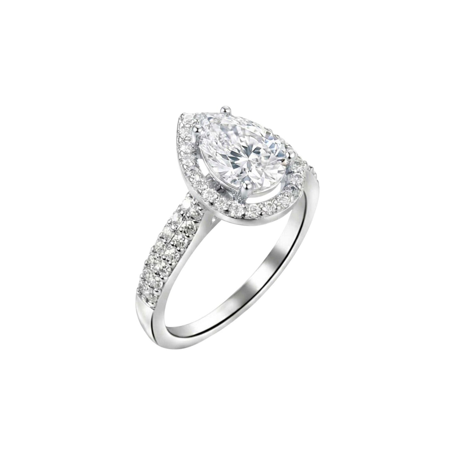 Diamond ring with pear-shaped center stone on a white background