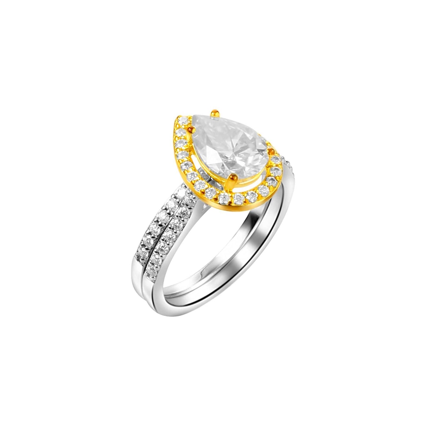 Ring with a pear-shaped center stone and gold halo on a white background