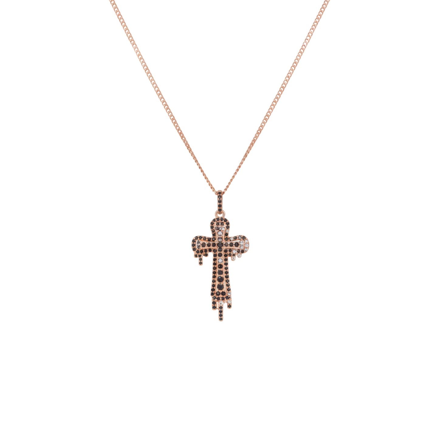 Rose gold cross necklace with small stones on a white background