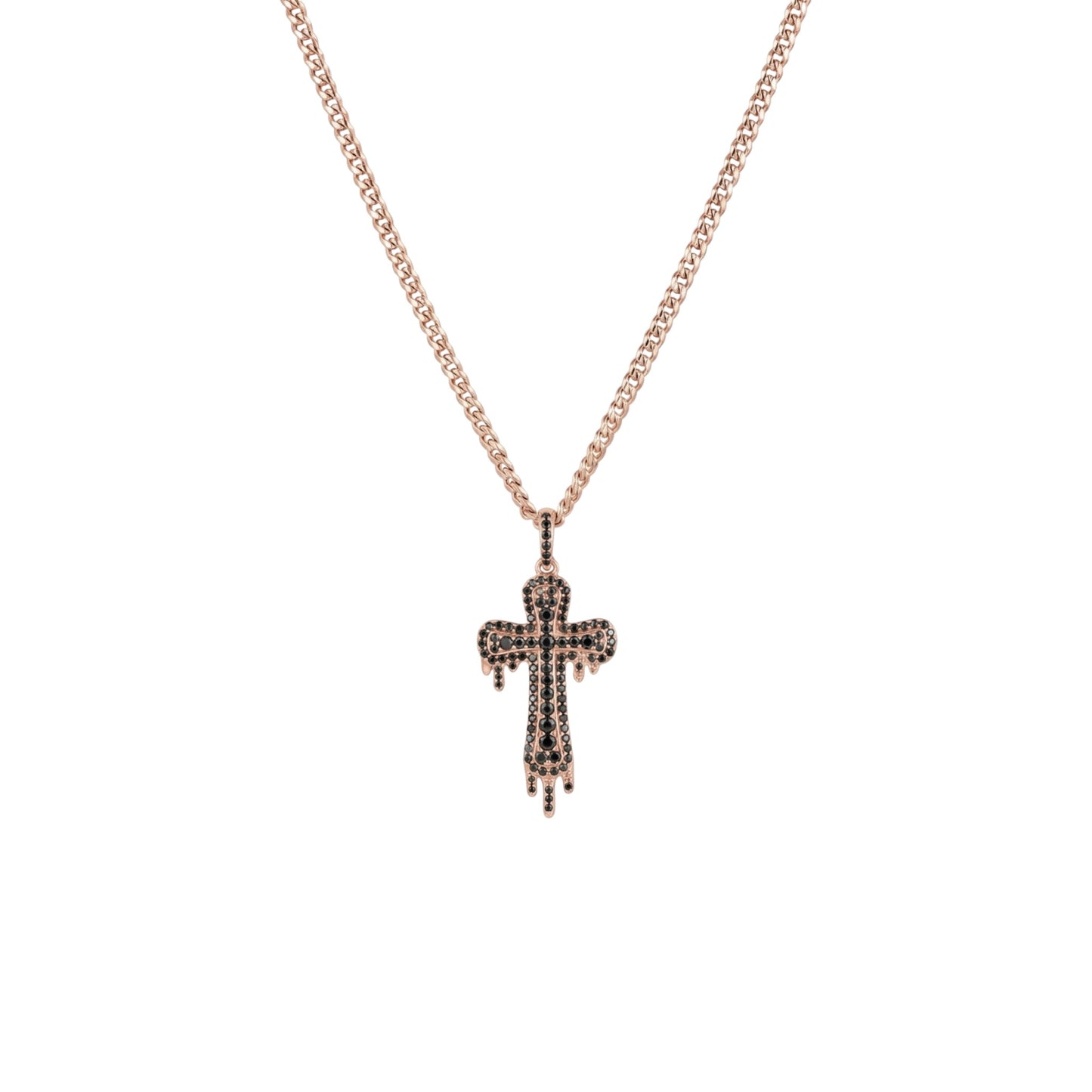 Rose gold cross necklace with black stones on a white background