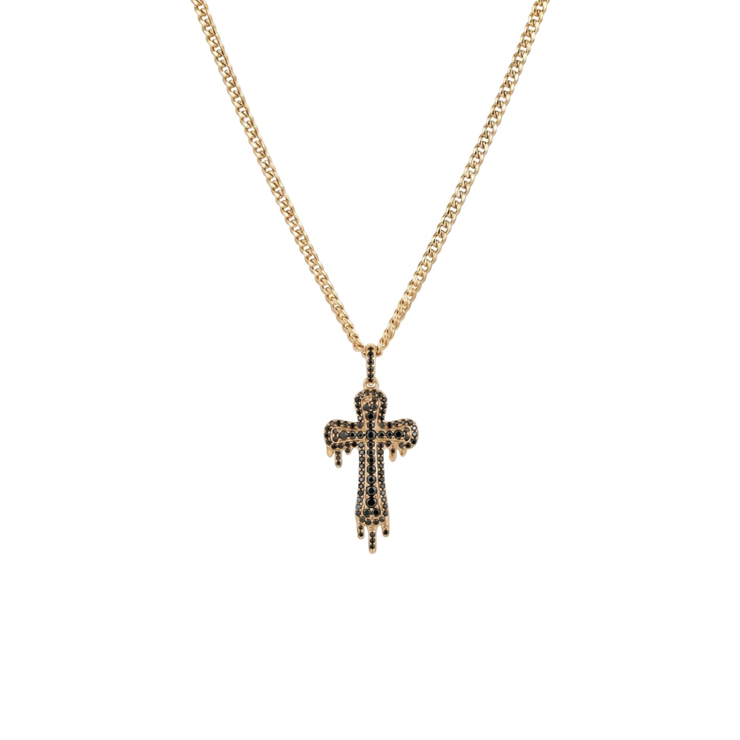 Gold cross necklace with black stones on a white background