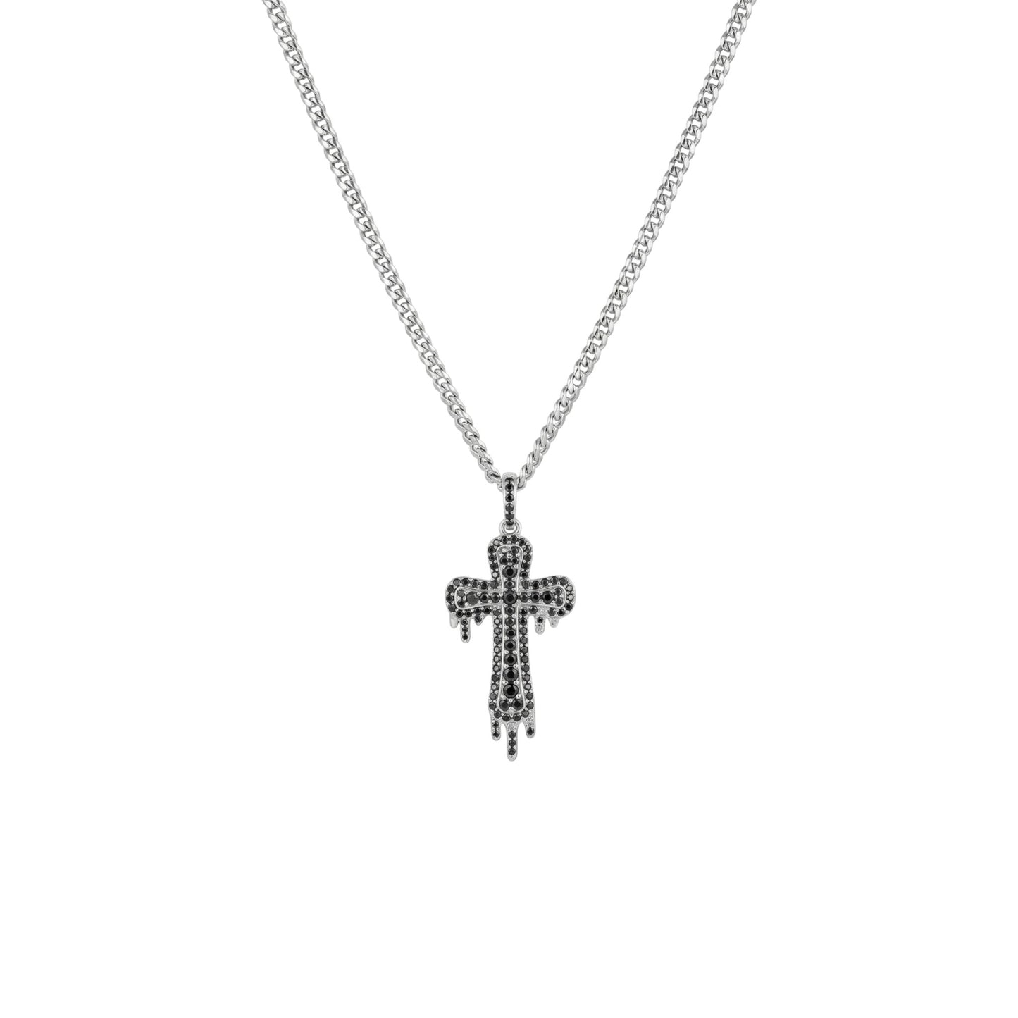 Silver cross necklace with black stones on a white background