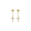 Gold cross earrings with diamond accents on a white background
