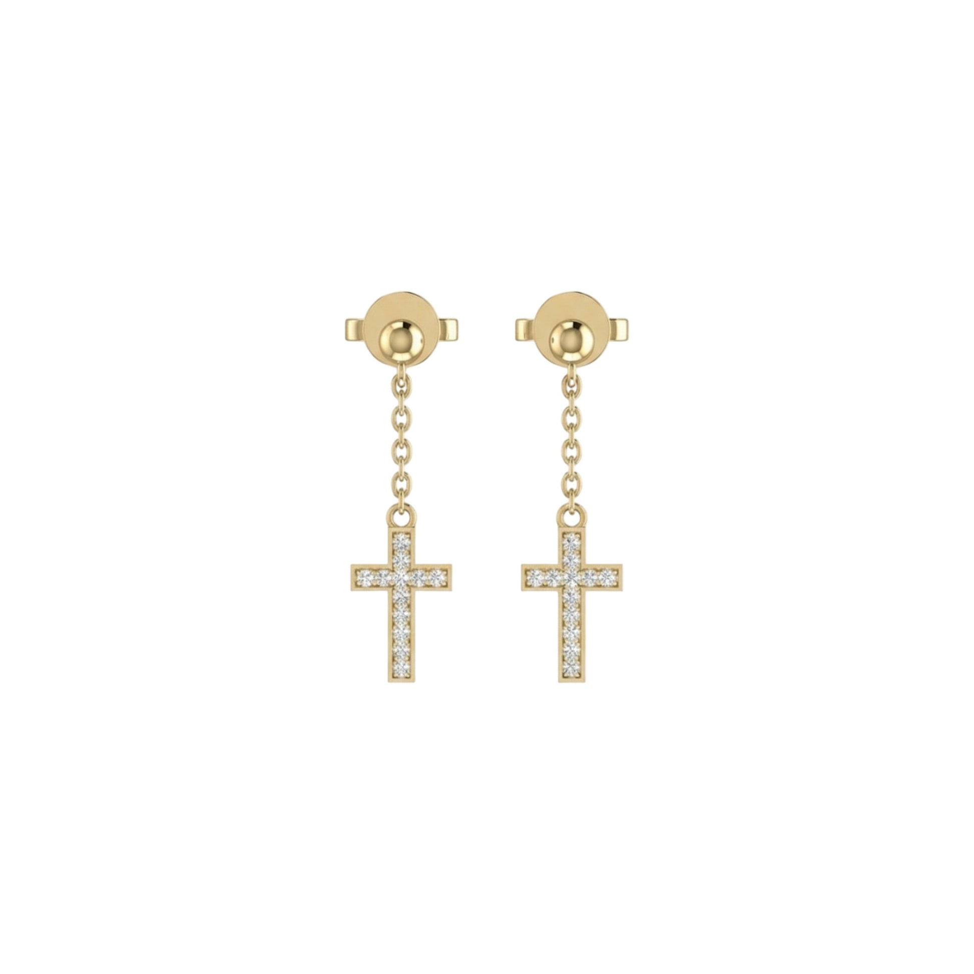 Gold cross earrings with diamond accents on a white background