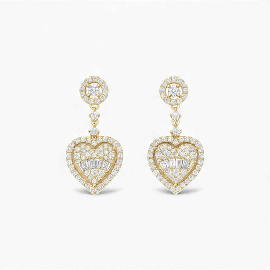 Drop Heart Natural Diamond Earrings in 18KT gold with heart-shaped design and round and baguette-cut diamonds