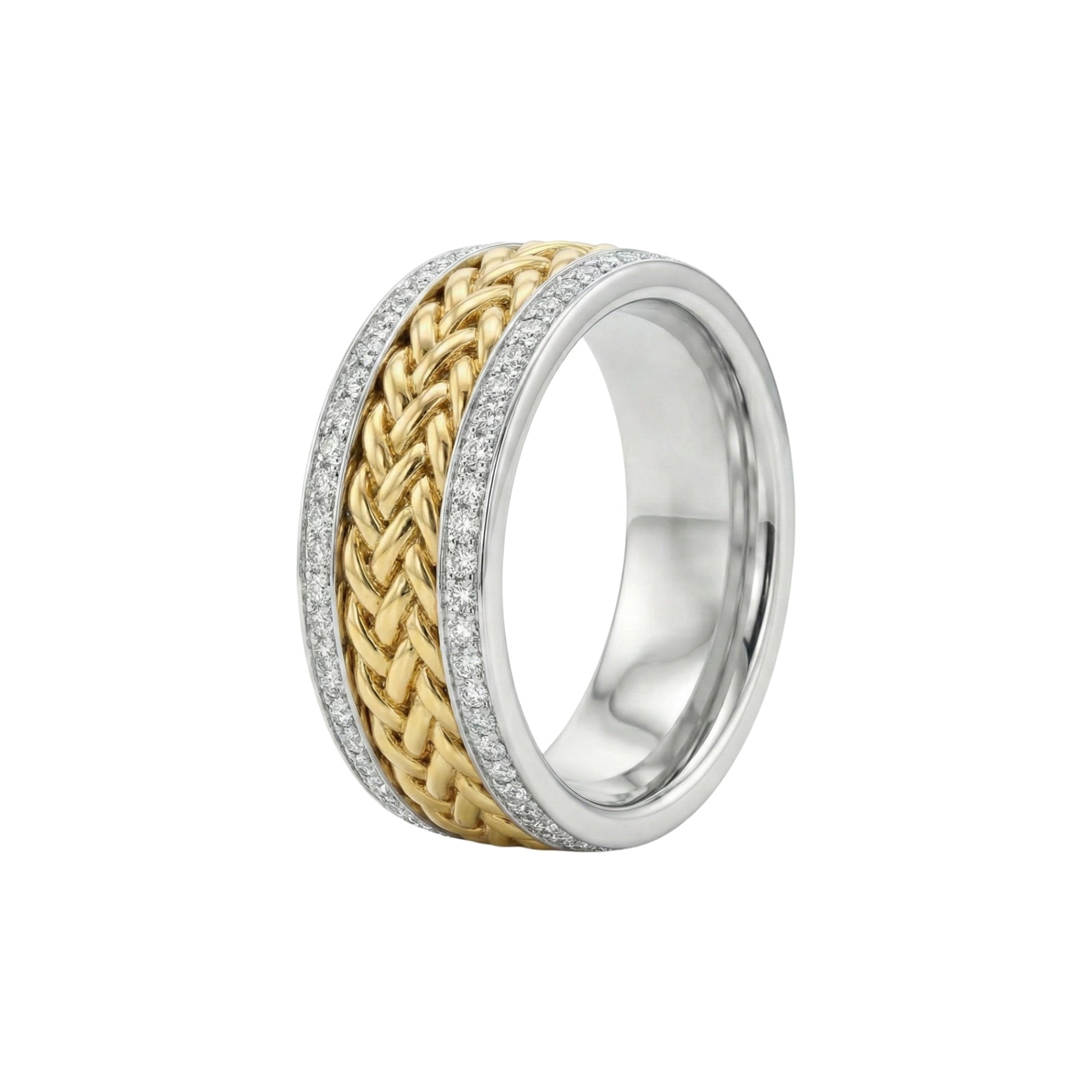 Two-tone ring with braided design on a white background