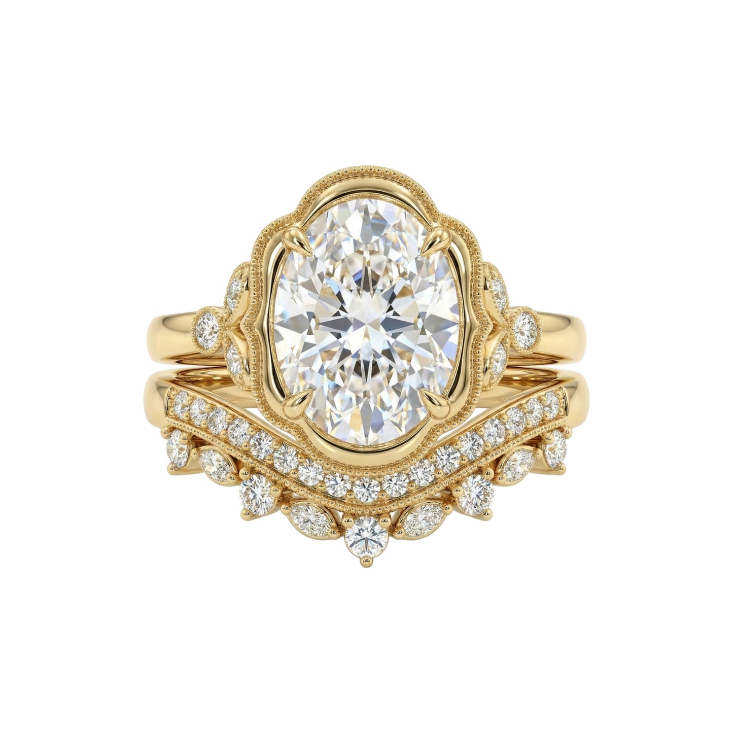 Gold ring with a large diamond and smaller diamonds on the band against a white background