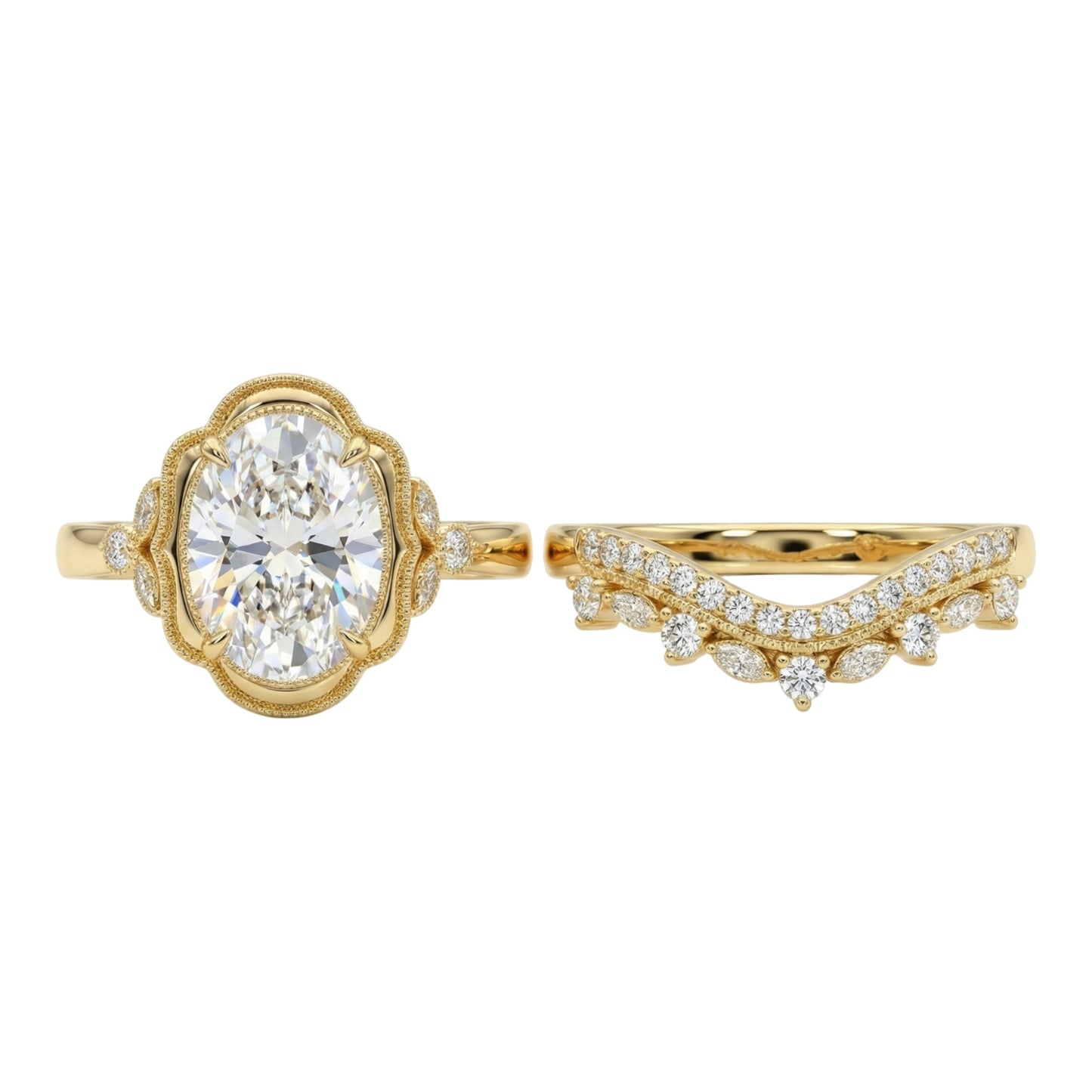 Two gold rings with diamond accents on a white background