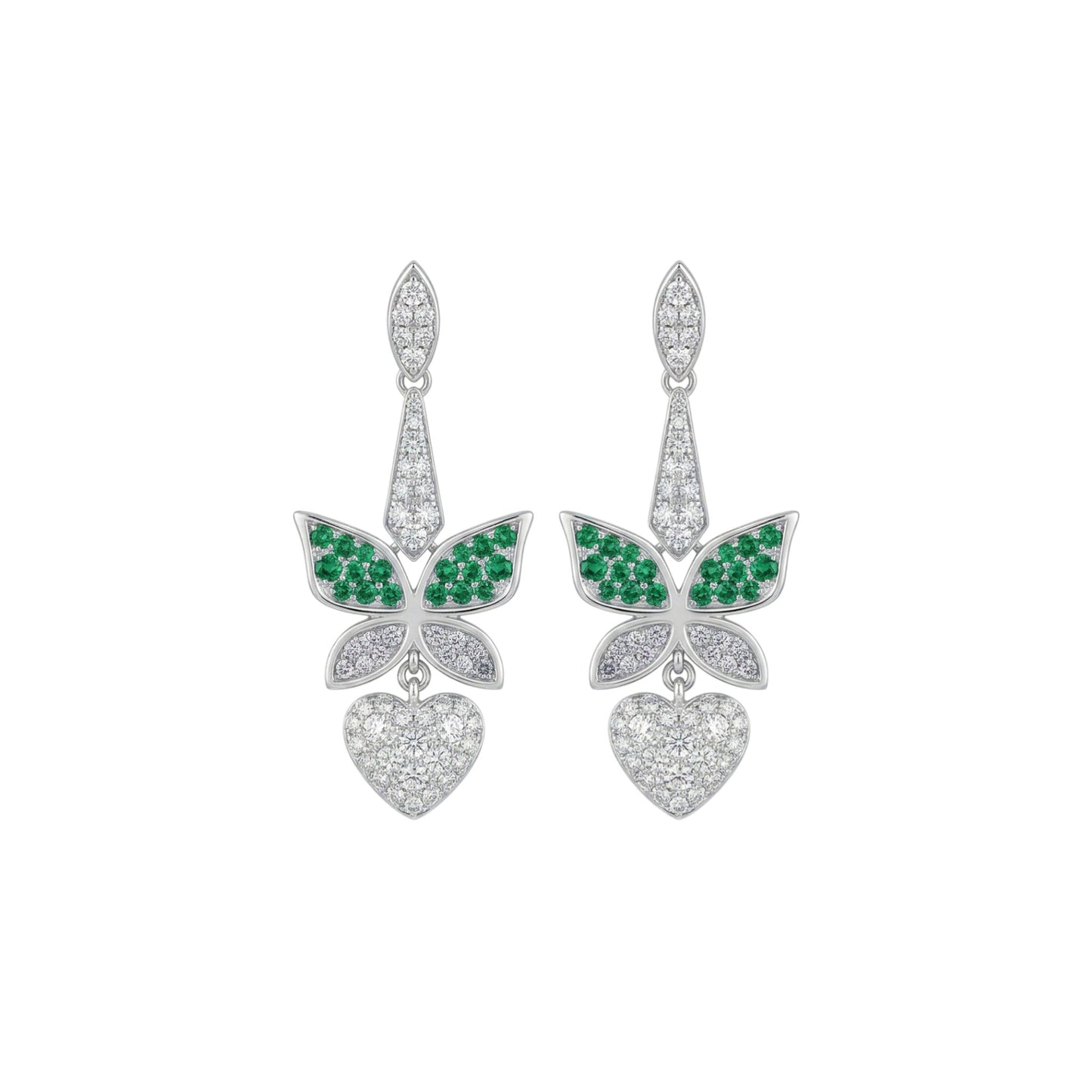 Butterfly-shaped earrings with green gemstones and heart details on a white background