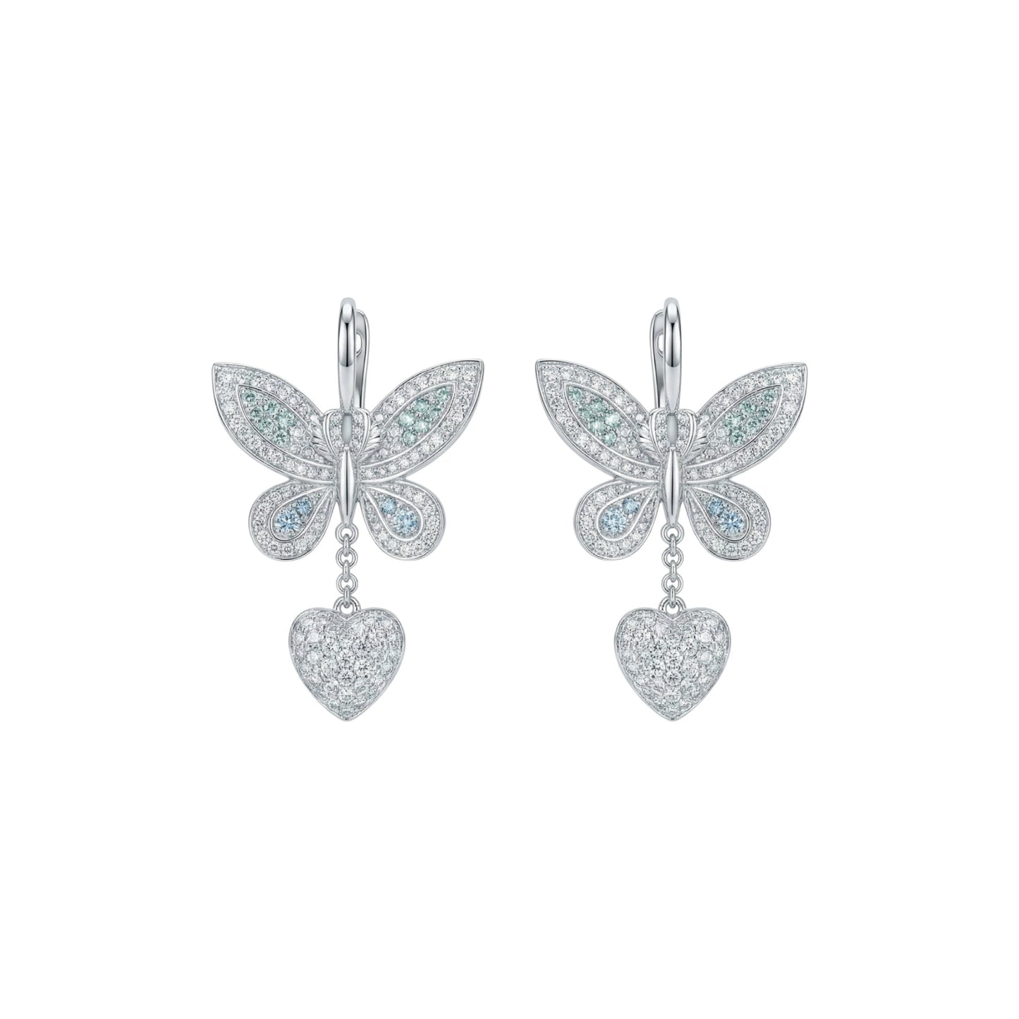Butterfly earrings with heart pendants on a white background