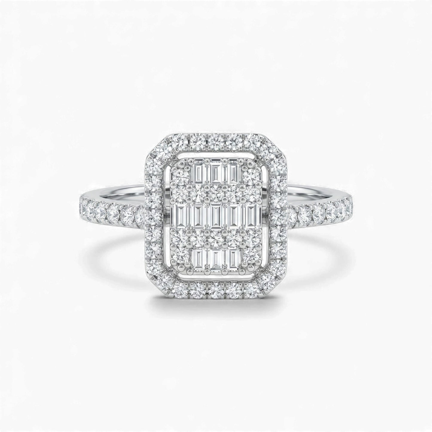 Diamond ring with a rectangular center and smaller diamonds on a white background