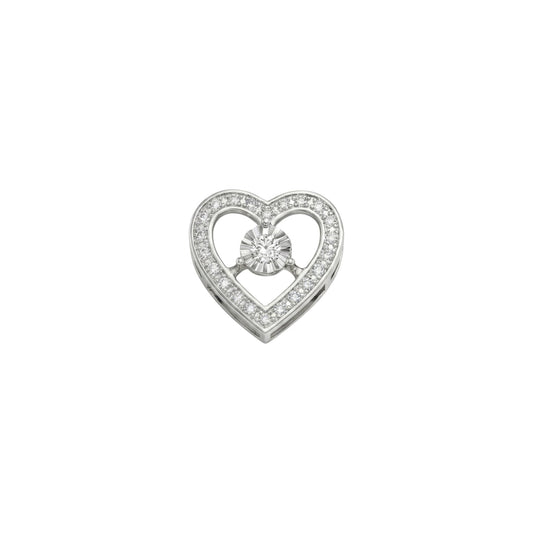 Silver heart-shaped pendant with a central gemstone on a white background