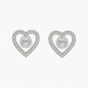 Heart-shaped silver earrings with clear gemstones on a white background