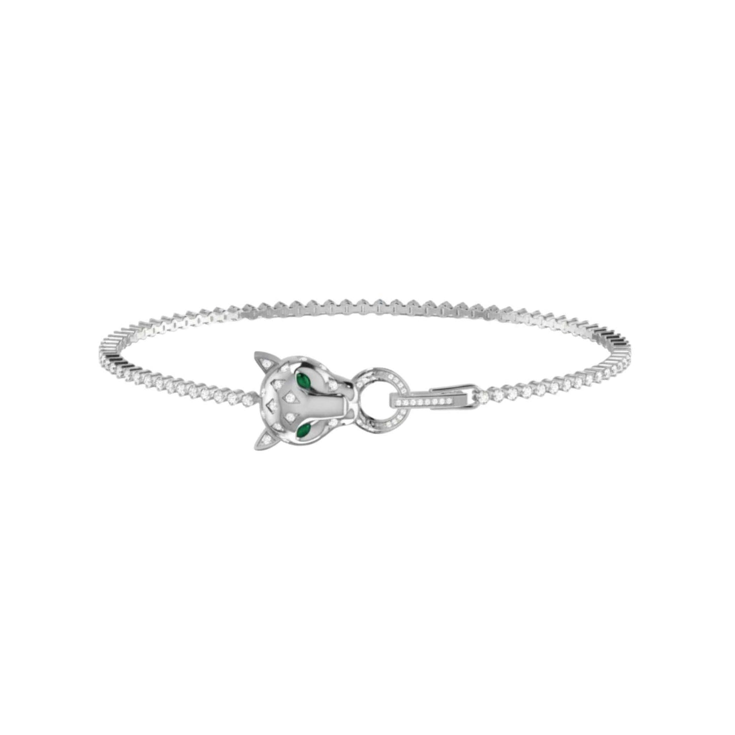 Silver bracelet with a cat-shaped clasp on a white background