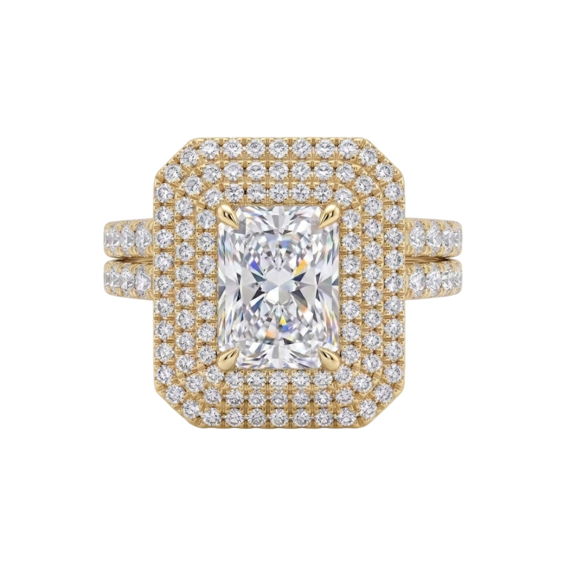 Gold ring with a large diamond and smaller diamonds on a white background