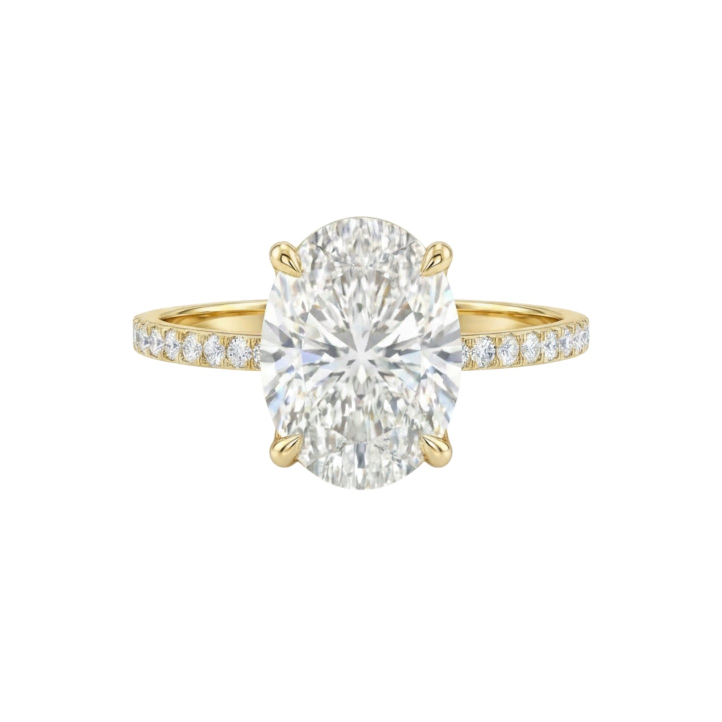 Gold ring with a large diamond and smaller diamonds on the band against a white background