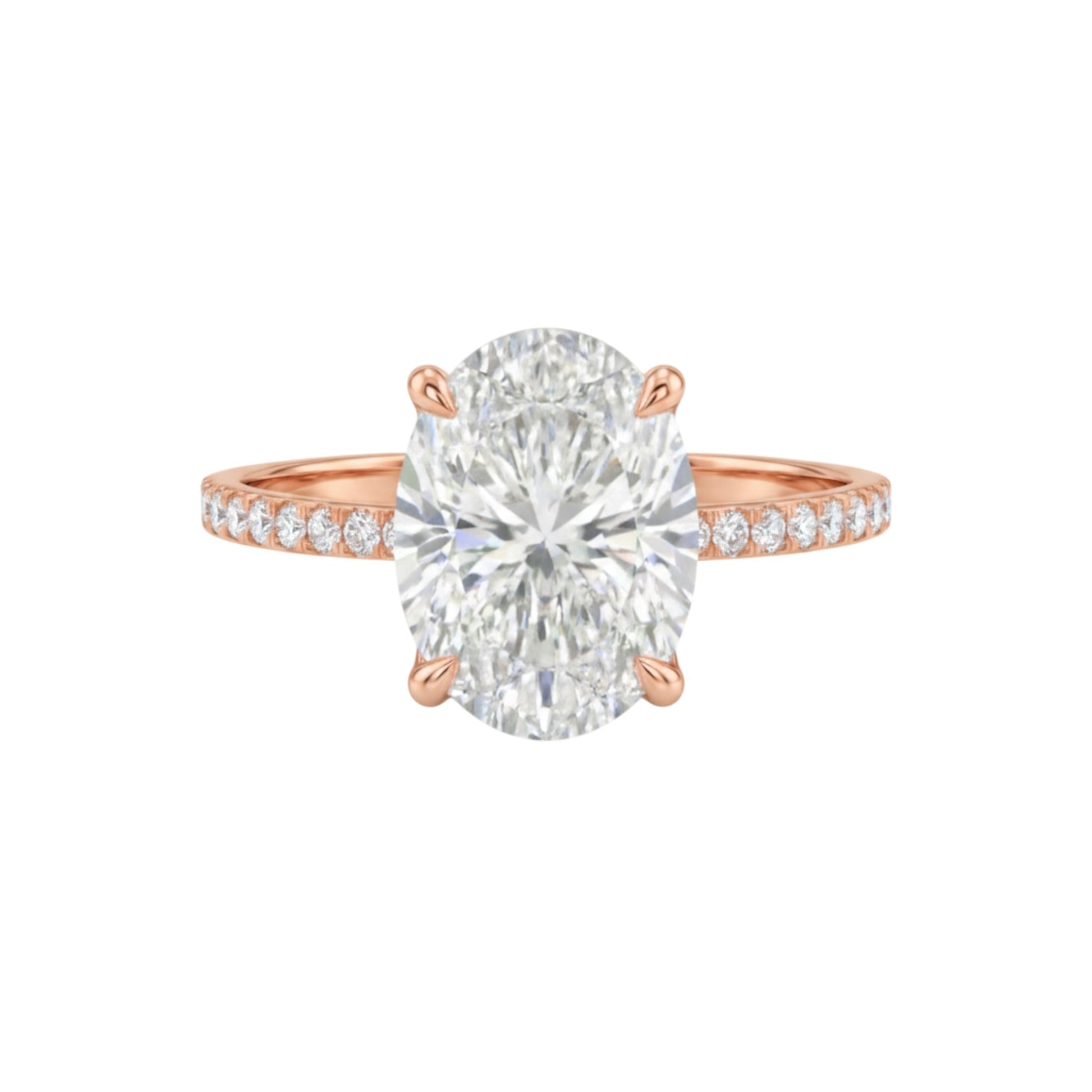 Rose gold ring with a large diamond and smaller diamonds on the band against a white background
