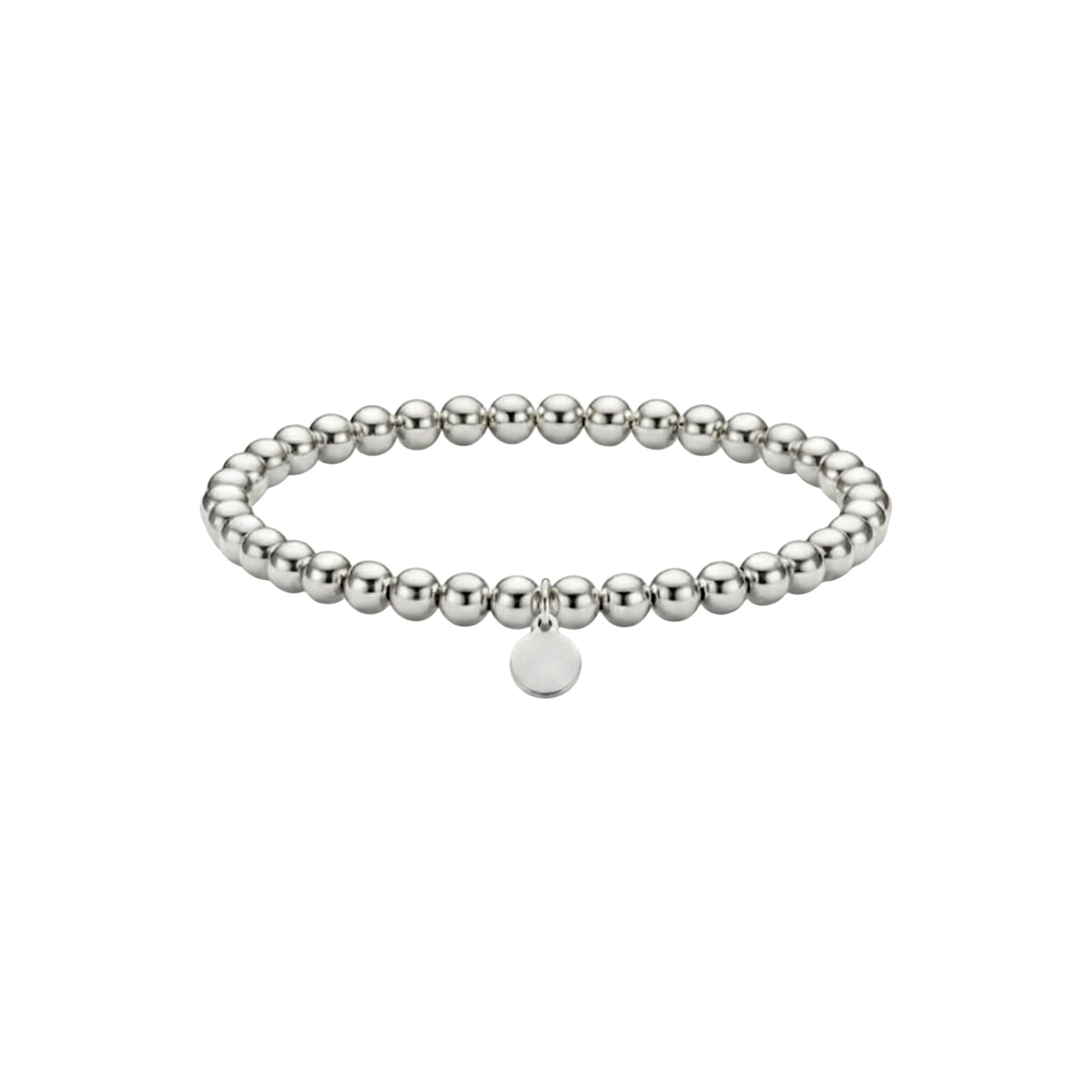 Silver beaded bracelet with a round tag on a white background