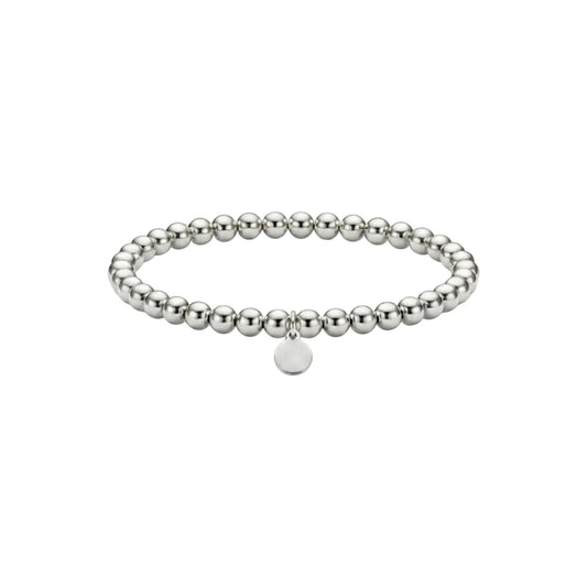 Silver beaded bracelet with a round tag on a white background