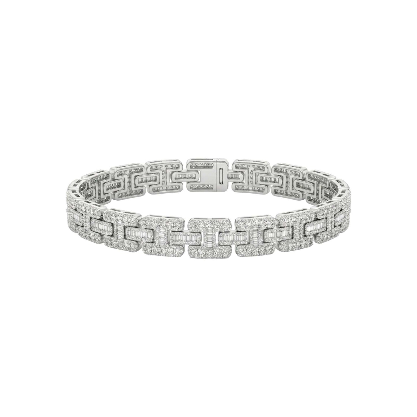 Silver bracelet with diamond accents on a white background