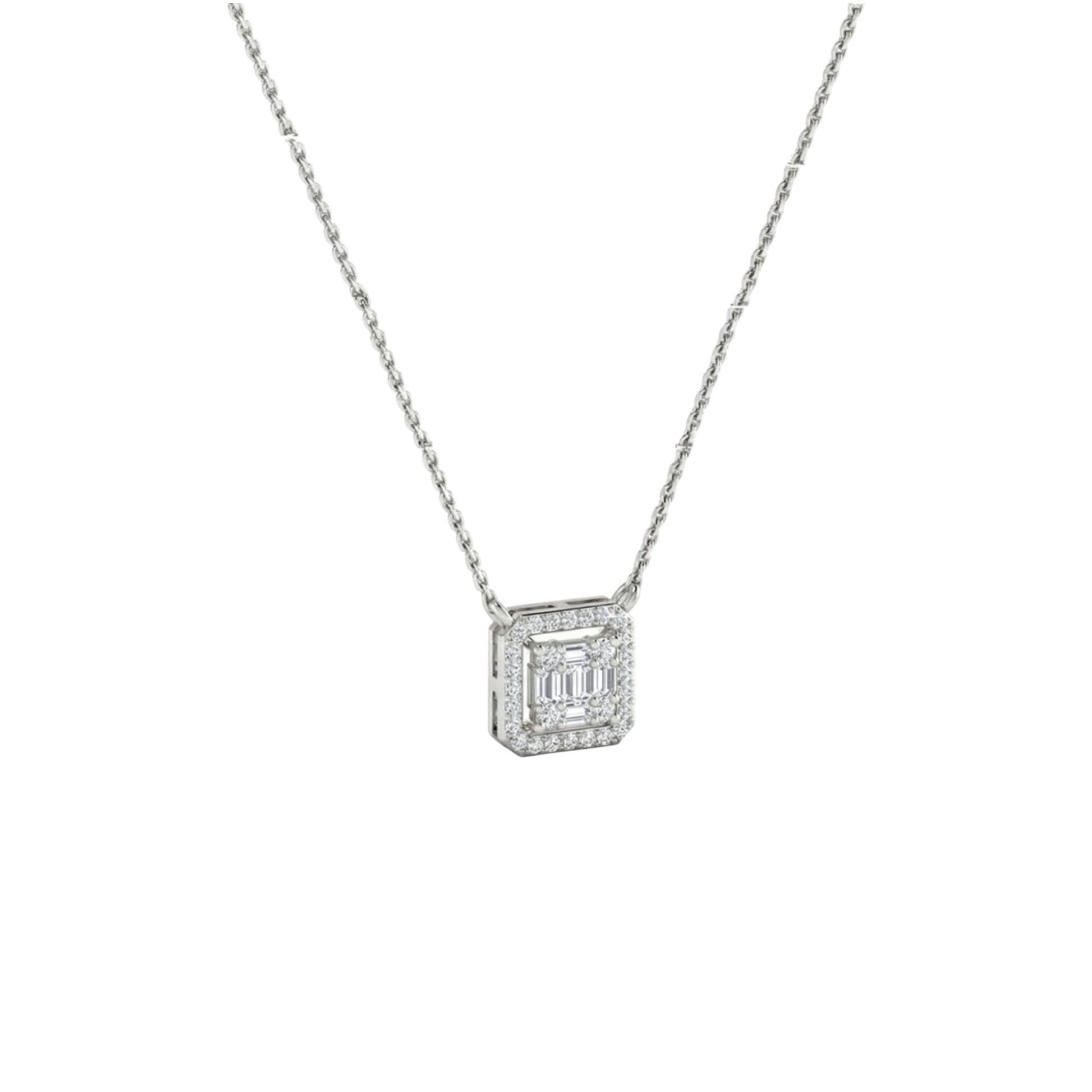 Diamond necklace with a square pendant on a white background