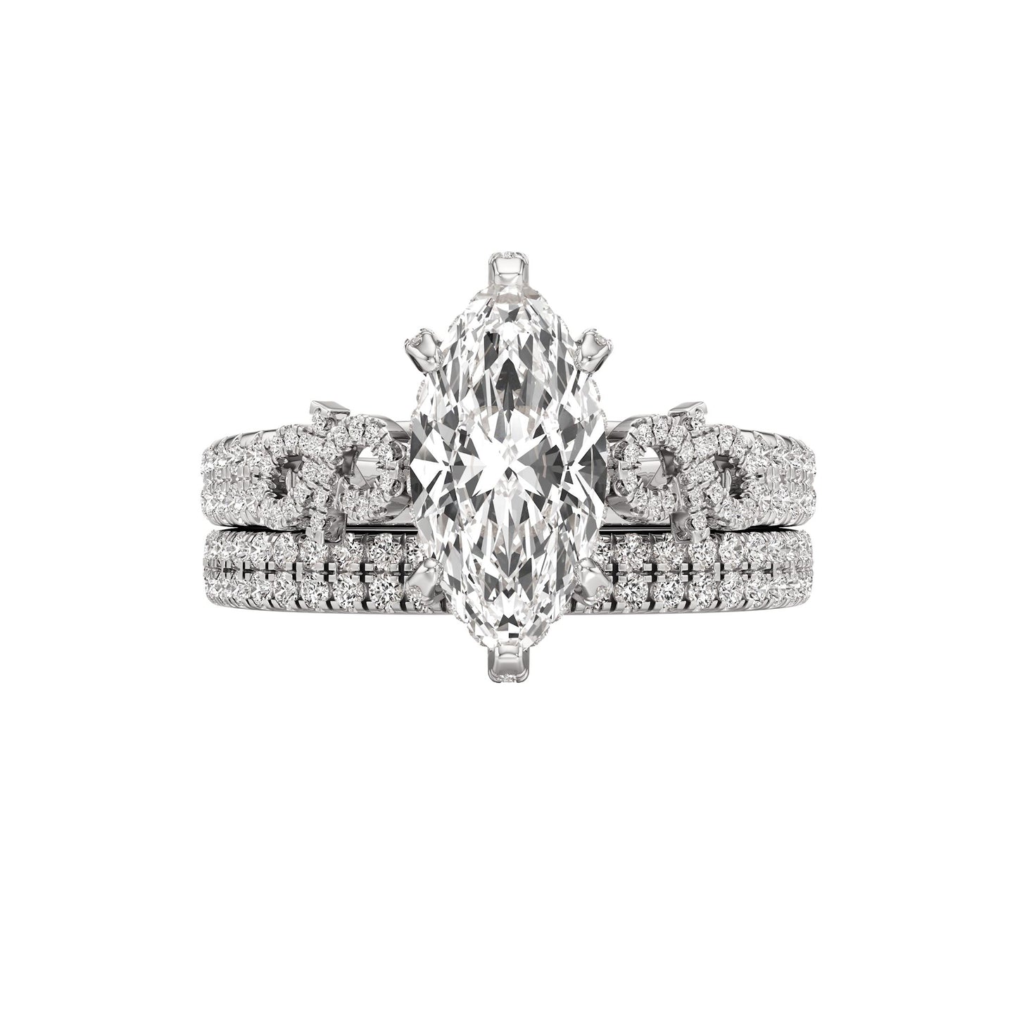 Diamond ring with a marquise-shaped center stone on a white background