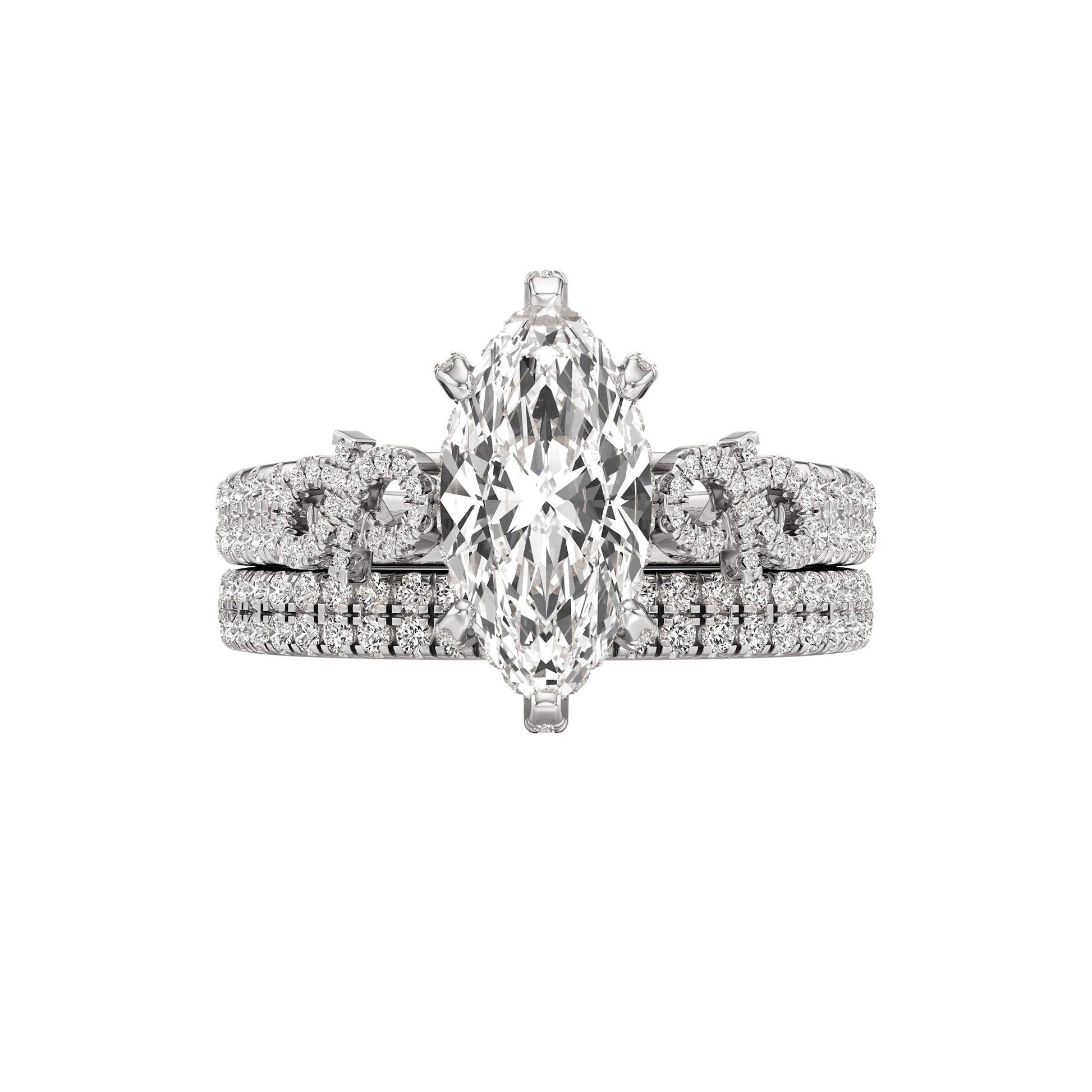 Diamond ring with a marquise-shaped center stone on a white background