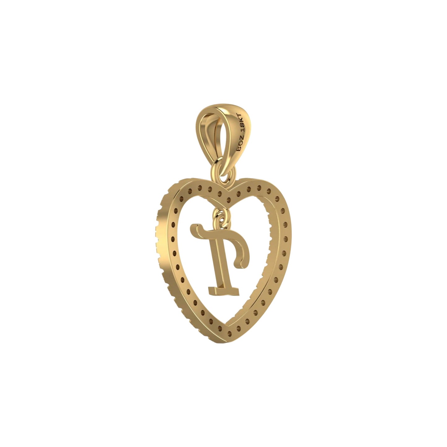 Gold heart-shaped pendant with a letter 'P' inside on a white background