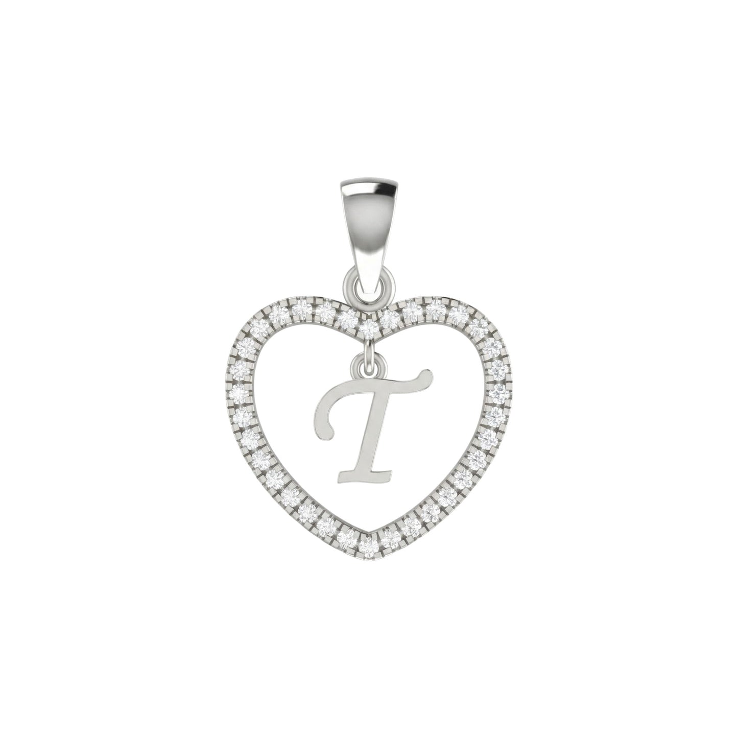 Silver heart-shaped pendant with 'T' and diamonds on a white background