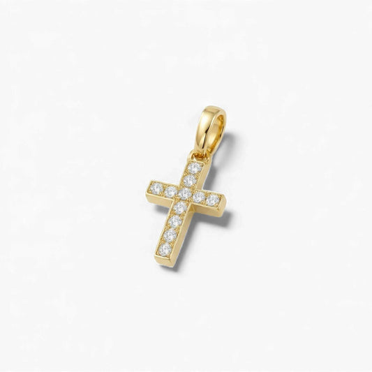 Mini cross pendant with natural diamonds in 18KT gold jewelry piece