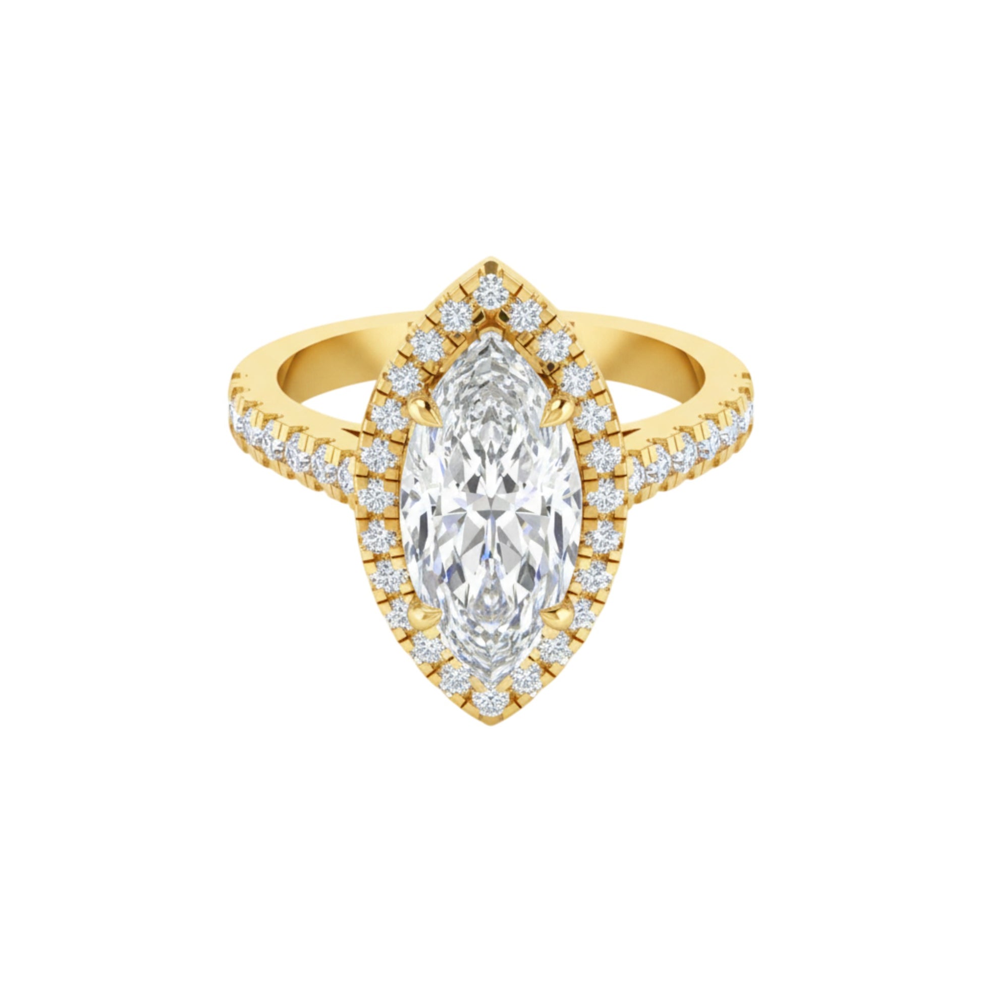 Gold ring with a large diamond and smaller diamonds on a white background