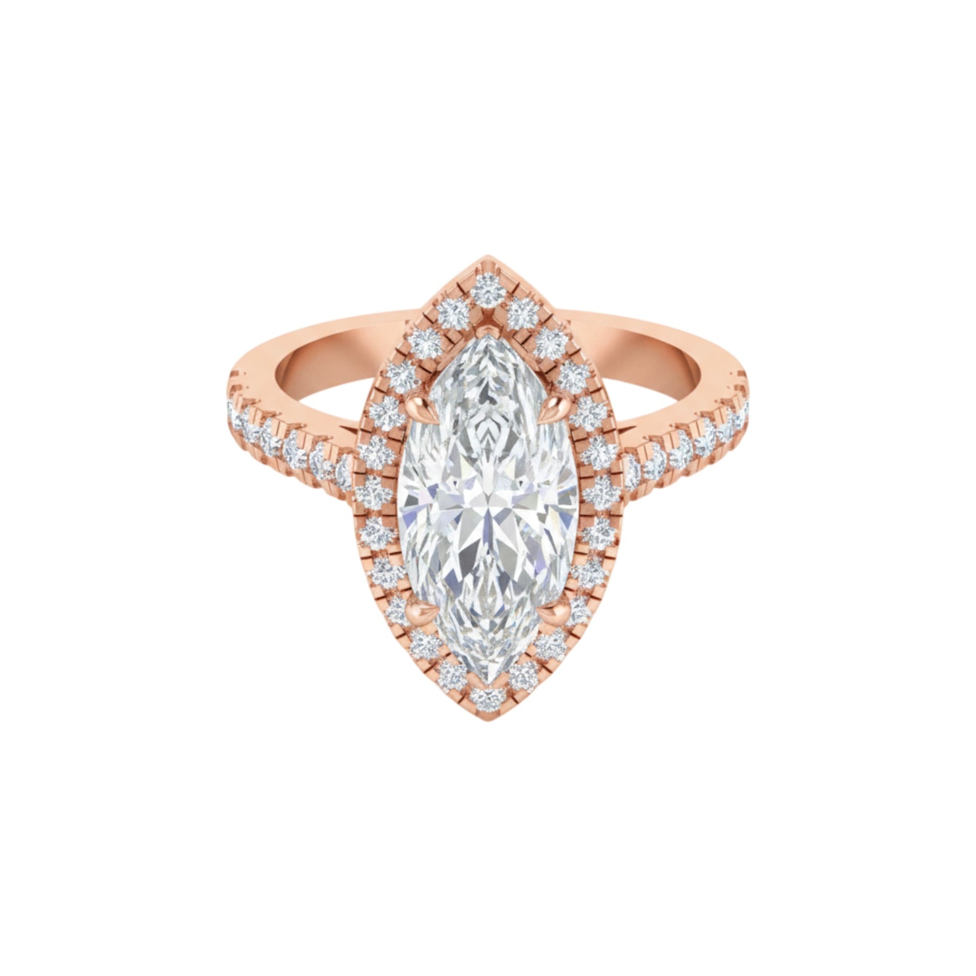 Rose gold ring with a large diamond and smaller diamonds on a white background